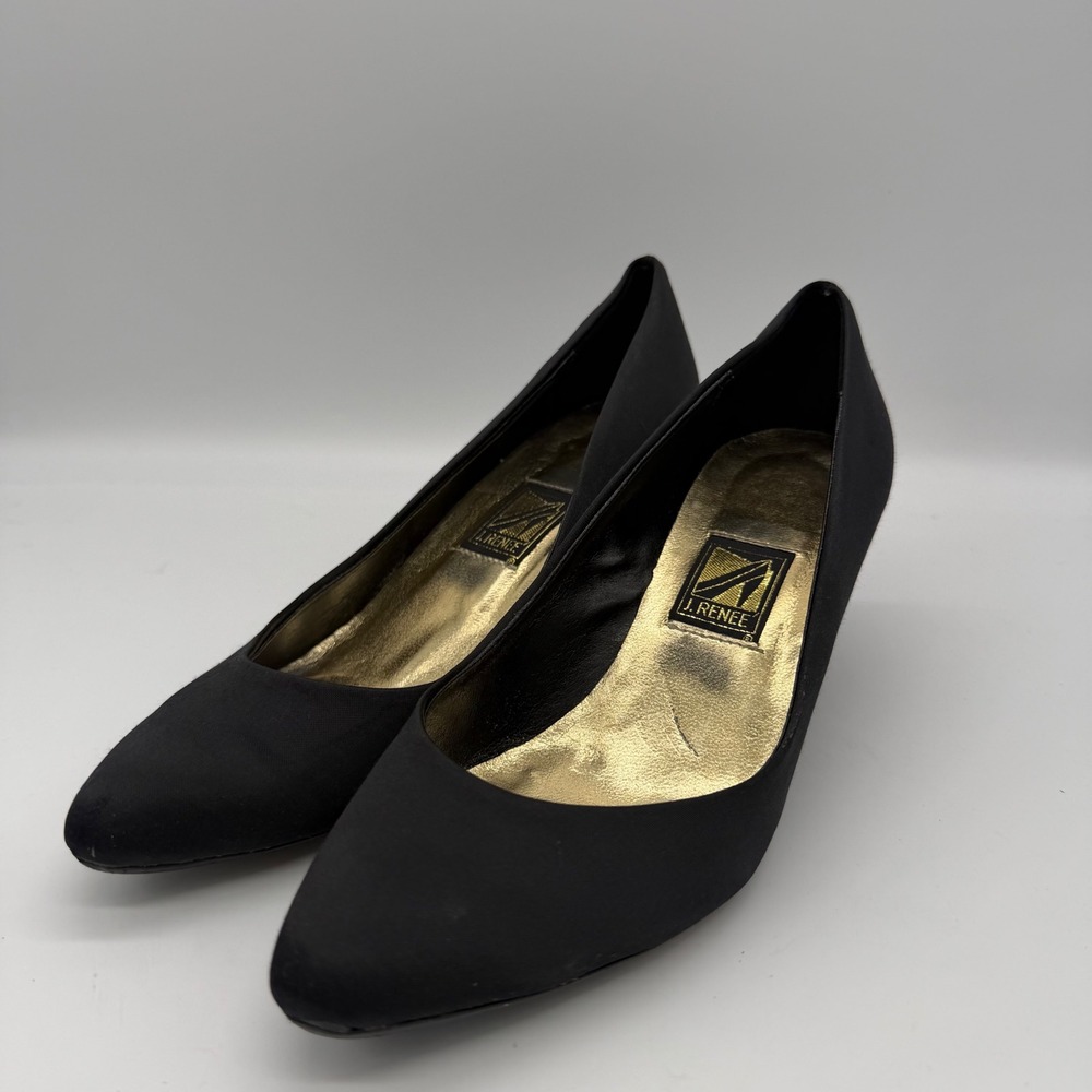 J. Renee Womens Vintage Black Satin‎ Pointed Toe Kitten Heel Pumps Size 7N
